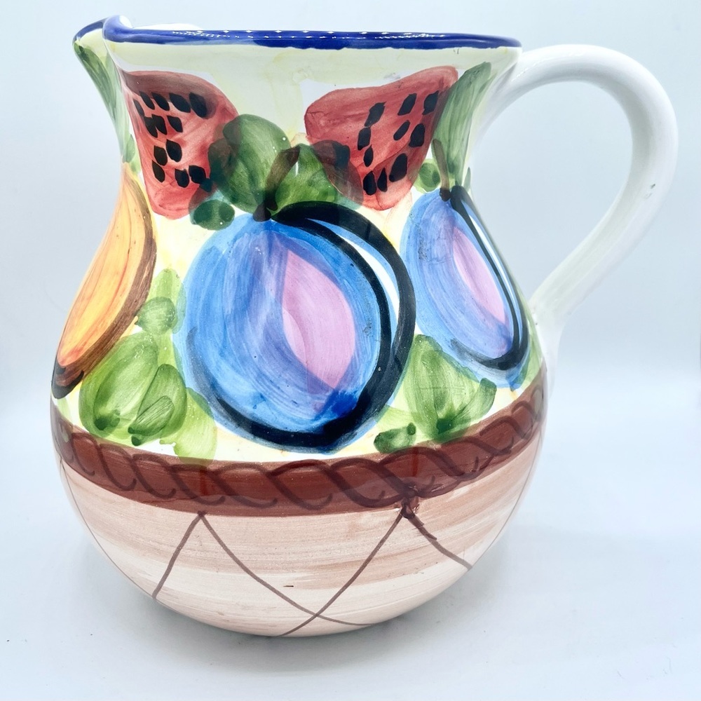 The Cellar Pitcher Hand Painted Fruit Art Pottery Vintage Italy 1995 EUC 8” T